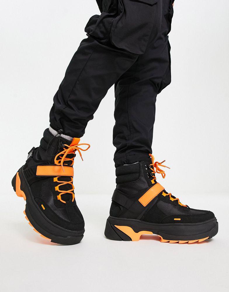 ASOS DESIGN chunky lace up boot in black with orange details商品第2张图片规格展示