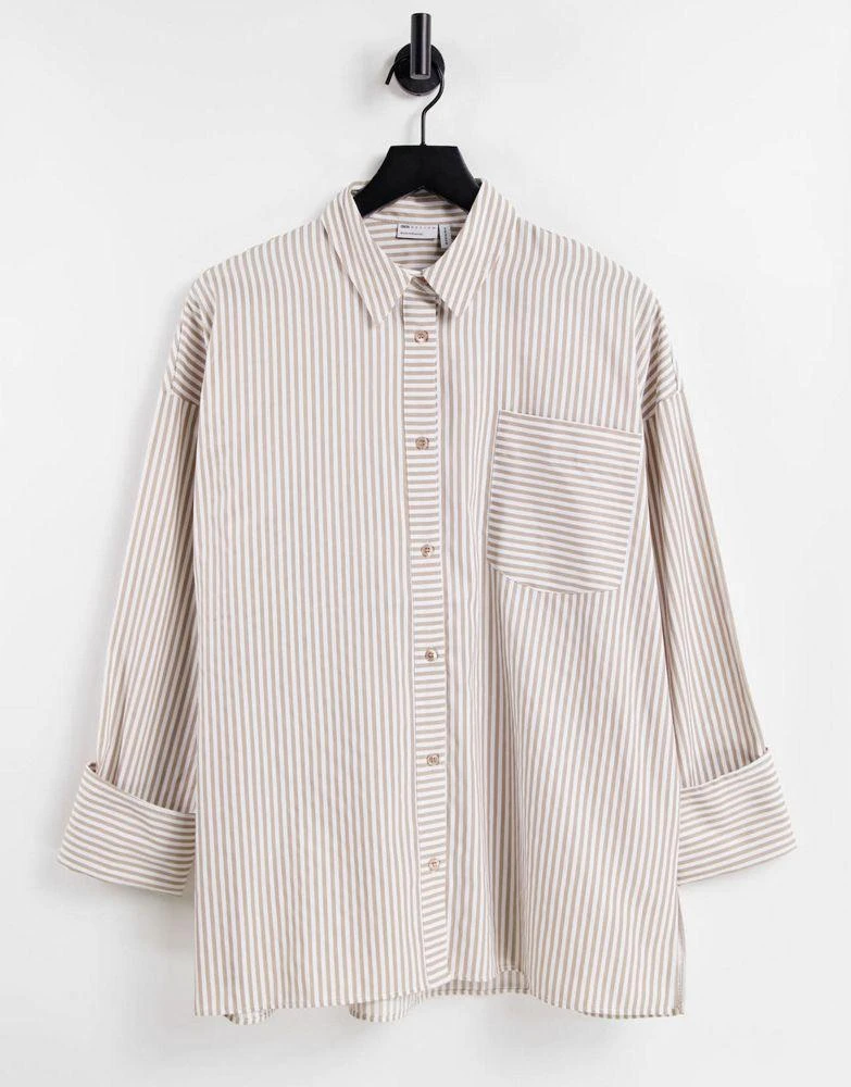商品ASOS|ASOS DESIGN long sleeve oversized cotton dad shirt in tan and white stripe,价格¥196,第1张图片