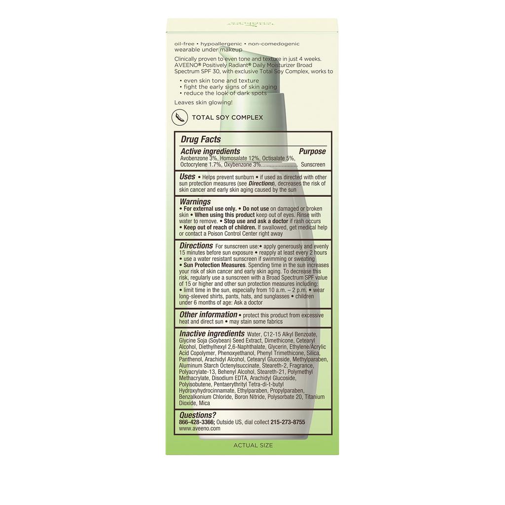 Aveeno Positively Radiant Daily Facial Moisturizer with Total Soy Complex and Broad Spectrum SPF 30 Sunscreen, Oil-Free and Non-Comedogenic, 2.5 fl. oz商品第10张图片规格展示