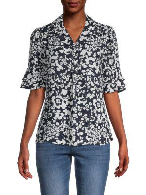 ​Floral Ruffle Sleeve Camp Shirt商品第1张图片规格展示