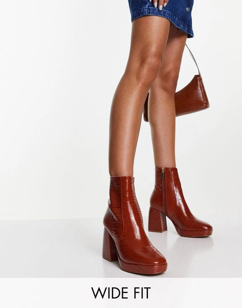 商品ASOS|ASOS DESIGN Wide Fit Era high-heeled platforms boots in tan croc,价格¥222,第1张图片