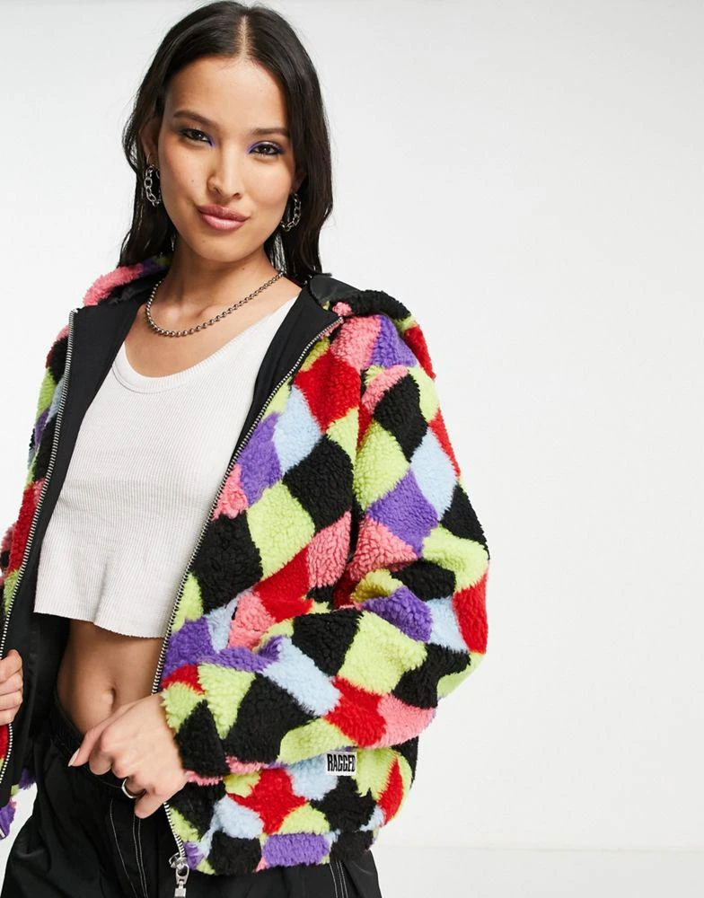 商品The Ragged Priest|The Ragged Priest hooded fleece jacket in rainbow diamond check,价格¥283,第4张图片详细描述