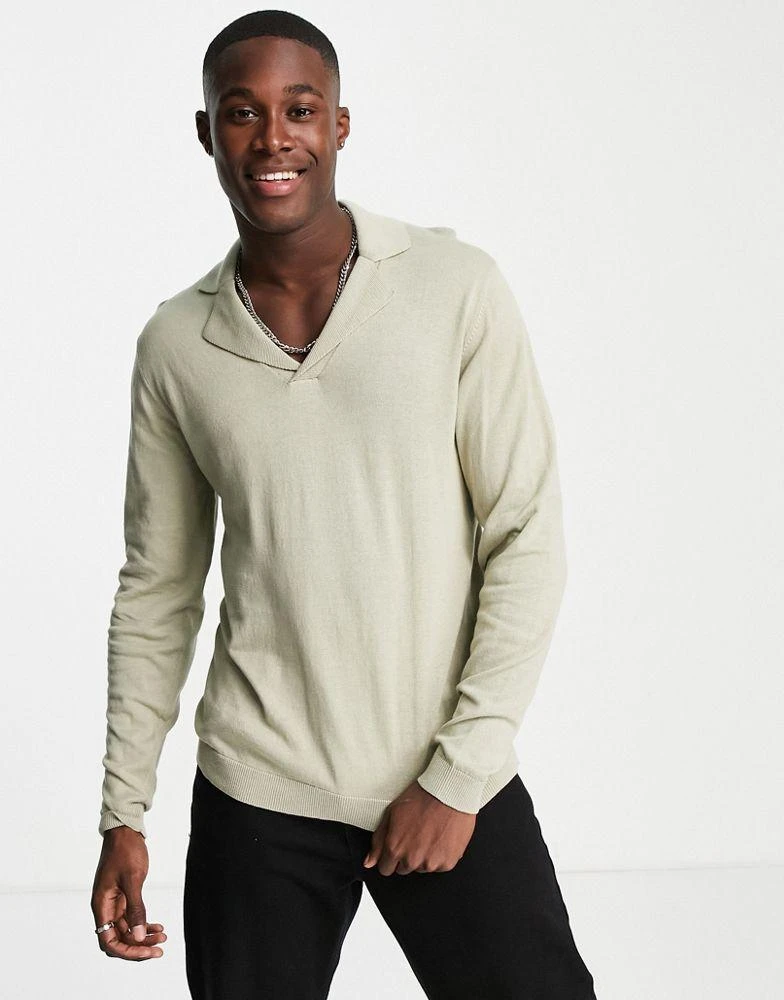 商品ASOS|ASOS DESIGN knitted cotton revere polo jumper in stone,价格¥82,第1张图片