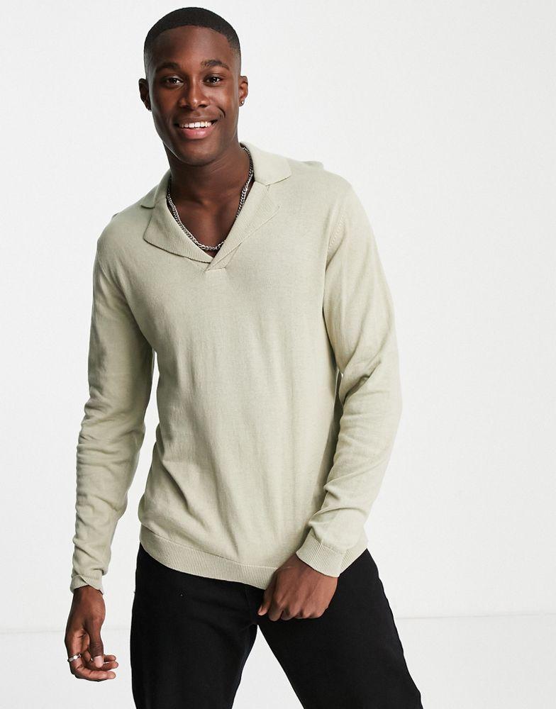 商品ASOS|ASOS DESIGN knitted cotton revere polo jumper in stone,价格¥79,第1张图片