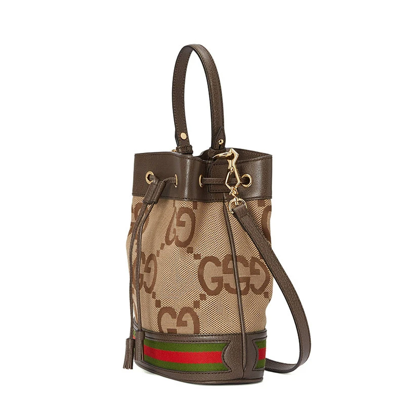 商品Gucci|【包税】GUCCI/古驰 22新款Ophidia系列 女士小号棕色超级双G老花帆布配皮饰红绿织带可拆卸肩带抽身开合单肩水桶包550621UKMJG2570,价格¥12989,第4张图片详细描述