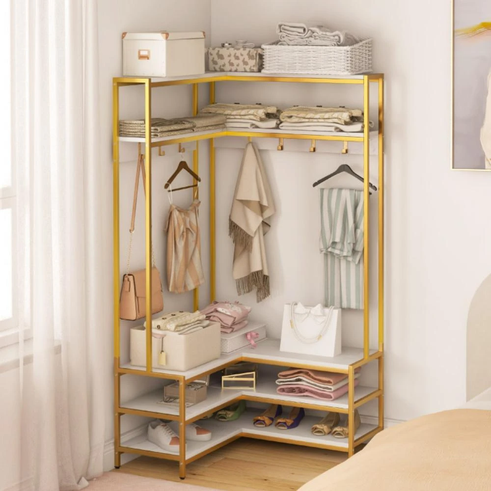 商品Hivvago|Corner Garment Rack with Open Shelves and 7 Hooks Shoe Bench-White,价格¥1645,第2张图片详细描述