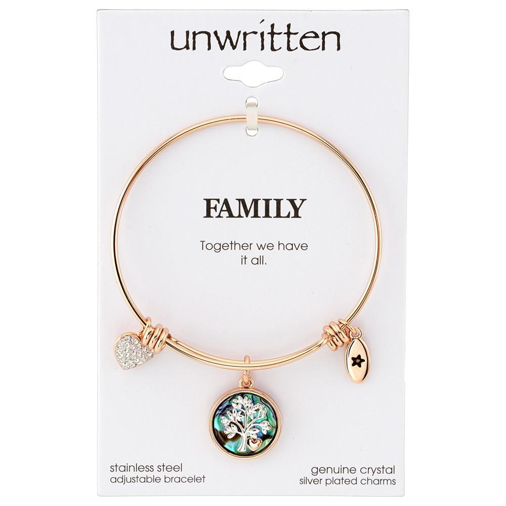 商品Unwritten|Family Tree Inlay Charm Bangle Stainless Steel Bracelet in Rose Gold-Tone with Silver Plated Charms,价格¥412,第5张图片详细描述