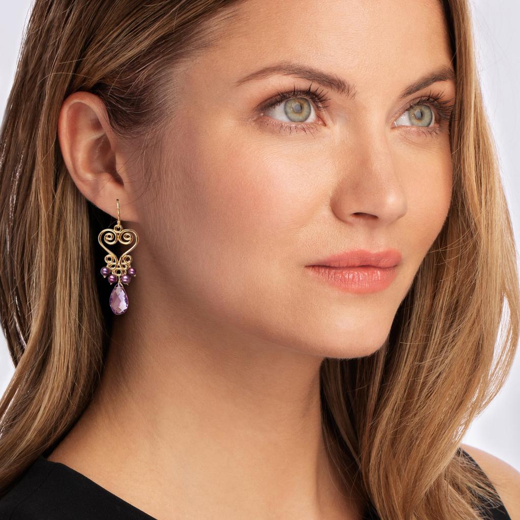 Ross-Simons 3.5-4.5mm Cultured Purple Pearl and Amethyst Drop Earrings in 18kt Gold Over Sterling商品第2张图片规格展示