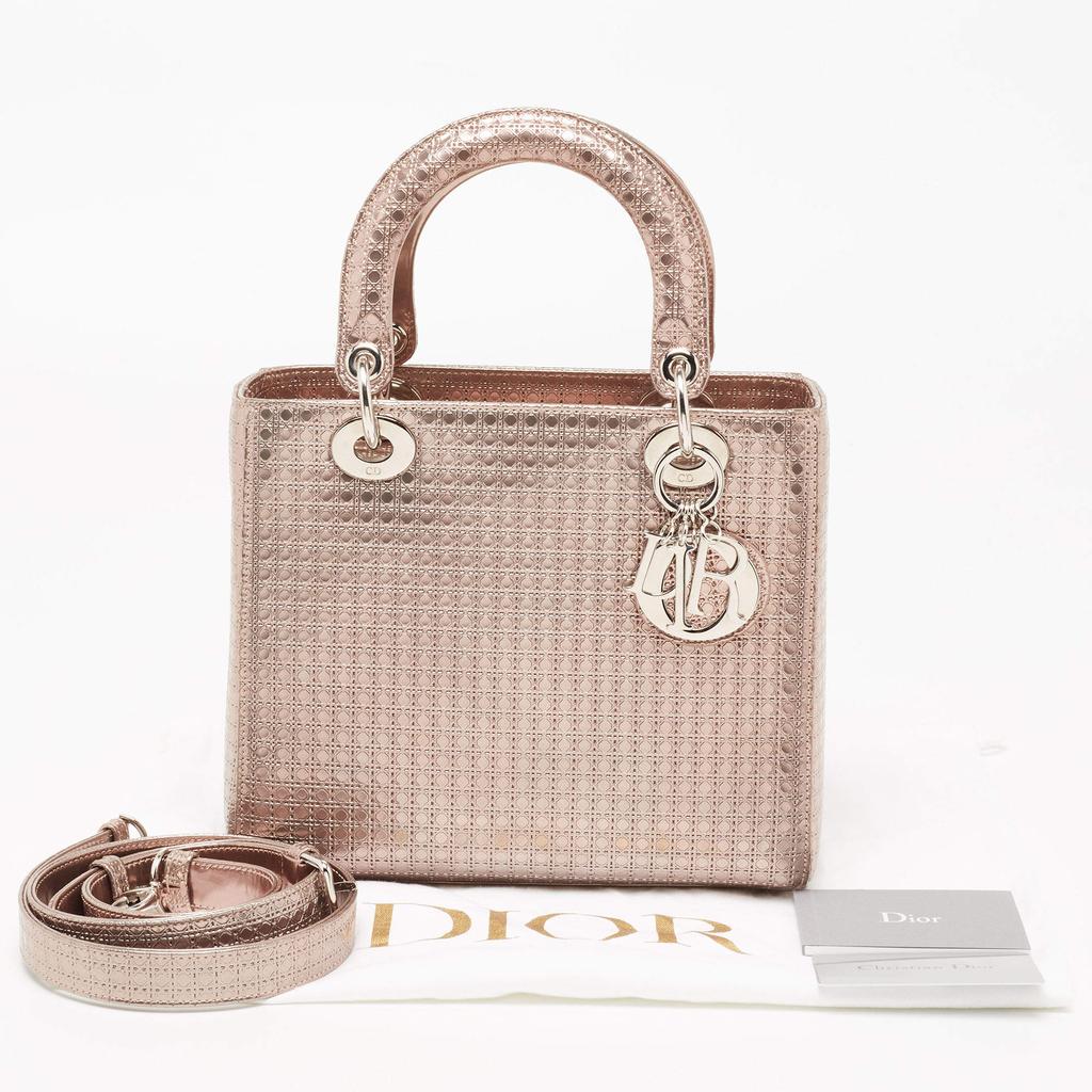 Dior Metallic Rose Gold Micro Cannage Laminated Leather Medium Lady Dior Tote商品第10张图片规格展示