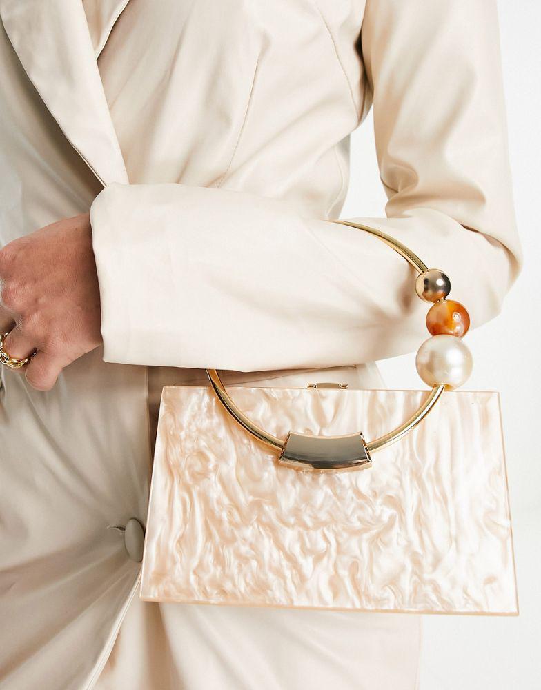 ASOS DESIGN resin clutch bag with metal beaded handle in beige marble商品第4张图片规格展示