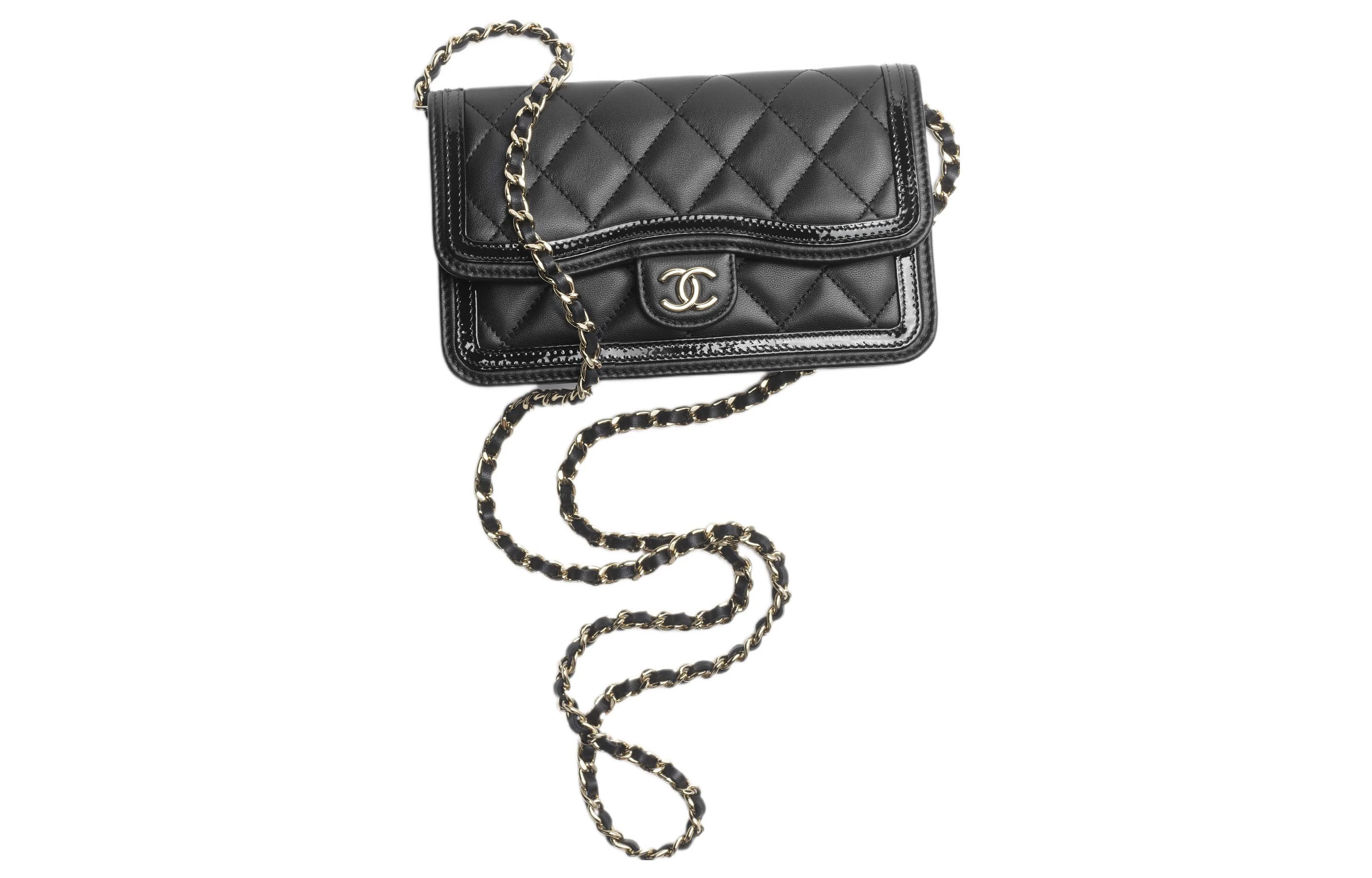 商品[国内直发] Chanel|香奈儿 23B 金扣链条菱格纹 小羊皮漆皮小牛皮 斜挎单肩包 常规 女款 黑色,价格¥26152,第1张图片