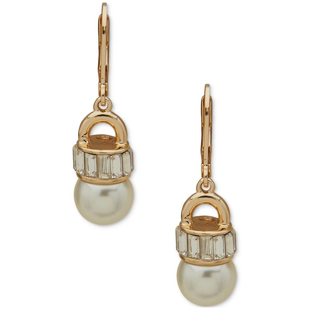 商品Anne Klein|Gold-Tone Imitation Pearl & Stone Baguette Leverback Drop Earrings,价格¥98,第1张图片