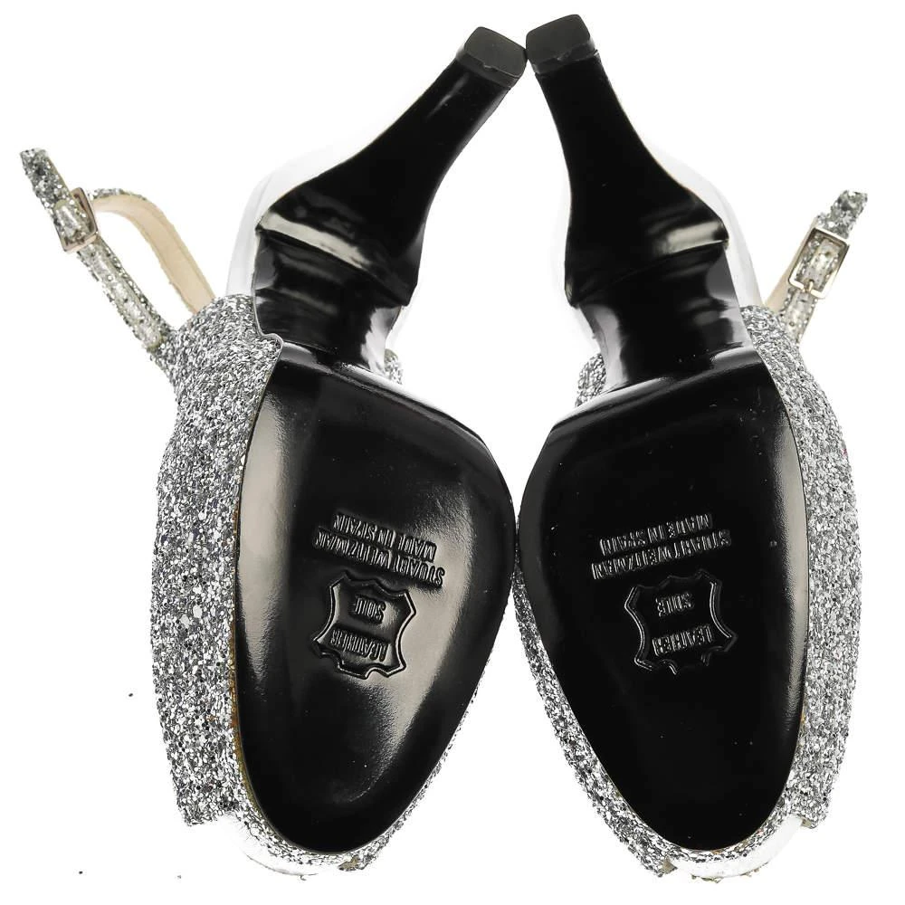 Stuart Weitzman Silver Coarse Glitter Peep Toe Slingback Sandals Size 38.5 商品