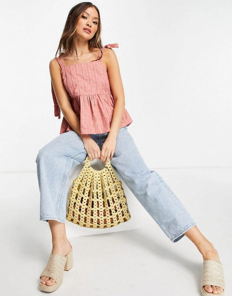 商品ASOS|ASOS DESIGN square neck smock sun top with tie straps in textured grid in rose,价格¥88,第4张图片详细描述