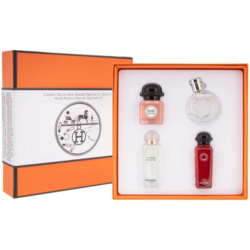 商品Hermes|香港直邮Hermes爱马仕香水礼盒4件套7.5ml*4 (絲巾/尼羅河花園/橘彩星光/緋紅火參),价格¥852,第1张图片