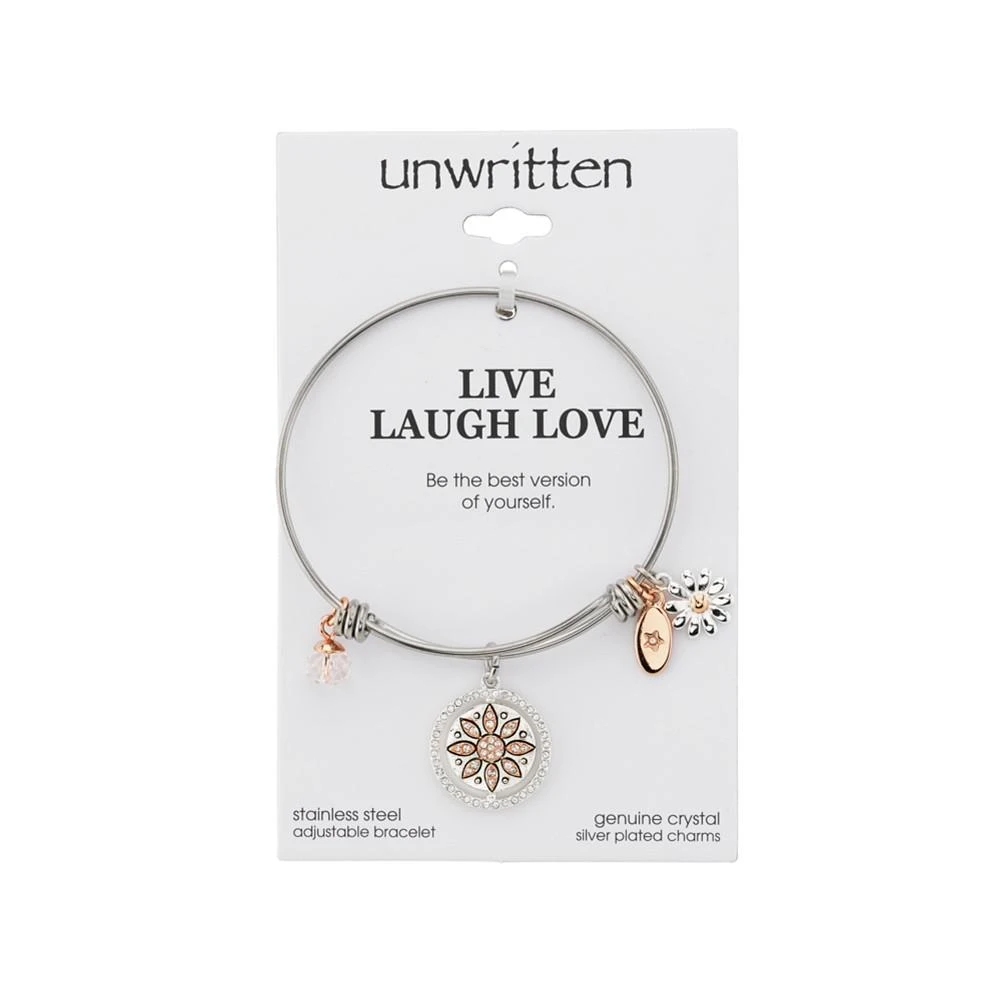 商品Unwritten|"Live Laugh Love" Flower Bangle Bracelet in Stainless Steel & Rose Gold-Tone with Silver Plated Charms,价格¥165,第3张图片详细描述