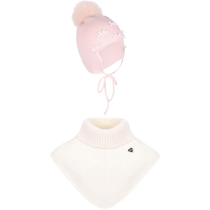 商品Il Trenino|White bows applique pink woolen hat and knitted cream neck warmer set,价格¥2200,第1张图片