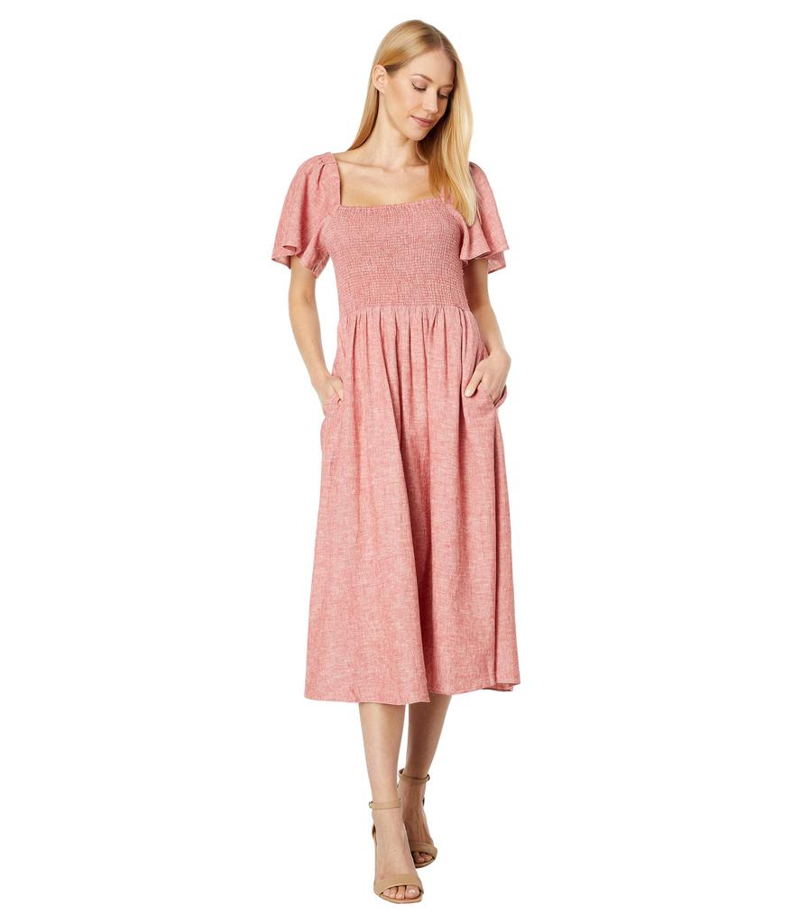 Linen-Blend Lucie Smocked Midi Dress商品第1张图片规格展示