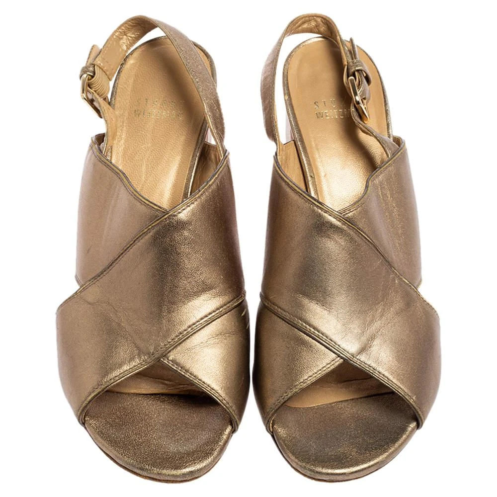 商品[二手商品] Stuart Weitzman|Stuart Weitzman Metallic Gold Leather Block Heel Slingback Sandals Size 39,价格¥801,第3张图片详细描述