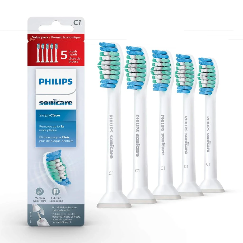 商品Philips Sonicare|Philips Sonicare Genuine SimplyClean Replacement Toothbrush Heads, 5 Brush Heads, White, HX6015/03,价格¥170,第1张图片