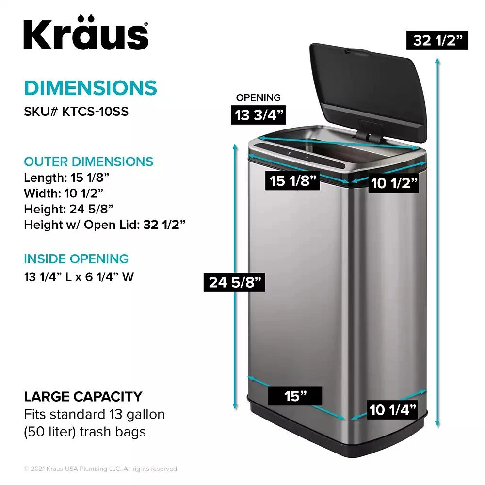 商品Kraus|GarbagePro Rectangular 13 Gallon Touchless Motion Sensor Trash Can,价格¥896,第4张图片详细描述