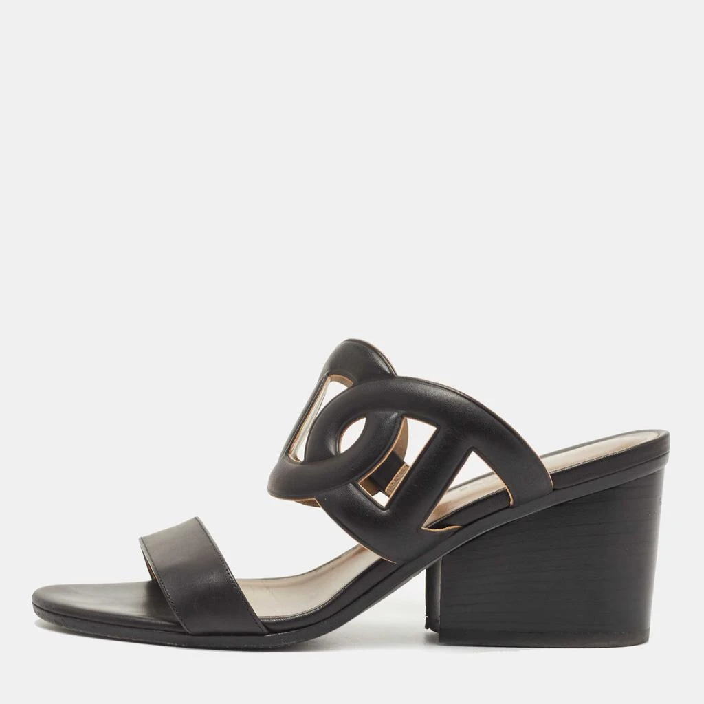 商品[二手商品] Hermes|Hermes Black Leather Bikini Block Heel Slide Sandals Size 38,价格¥4317,第1张图片