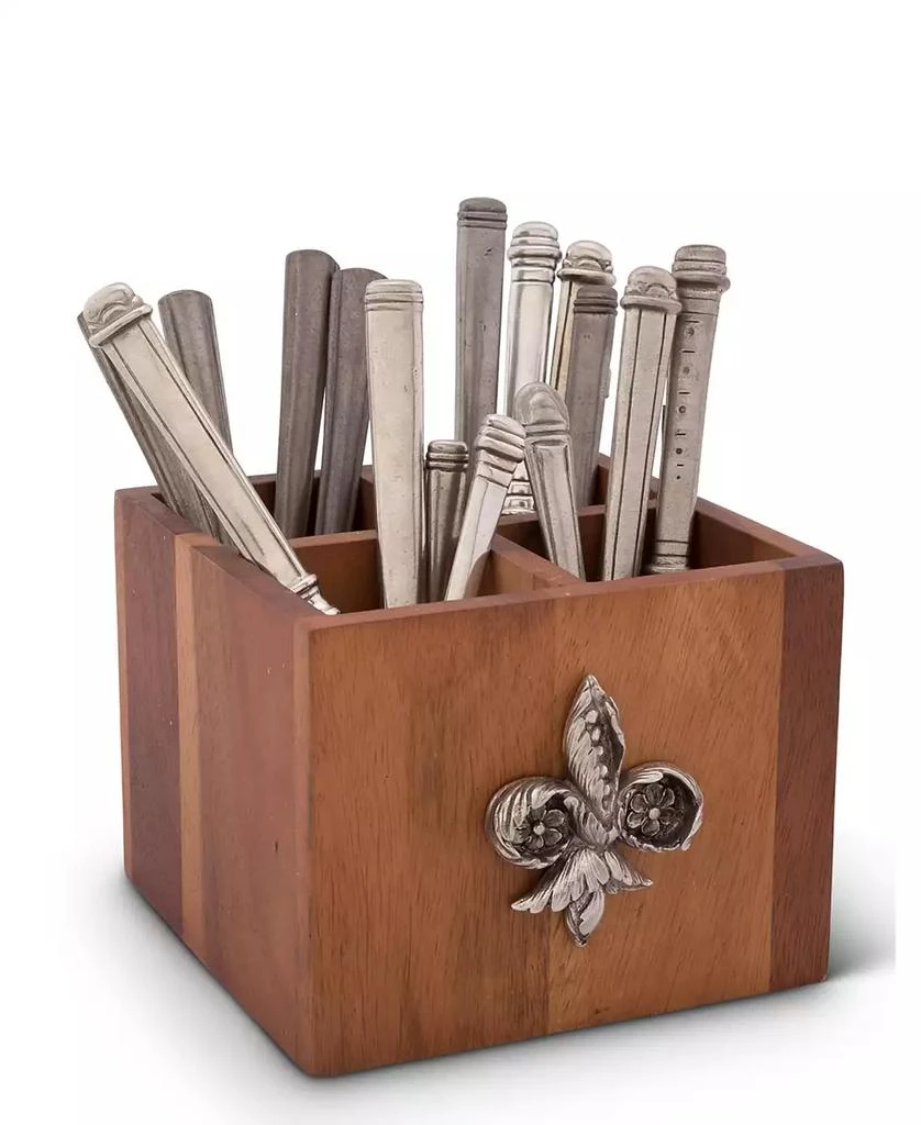 商品Vagabond House|Square Caddy Acacia Wood Flatware, Serve Ware, Utensil, Carry-All Holder with Solid Pewter Fleur De Lis Accent, 4 Compartments,价格¥818,第1张图片