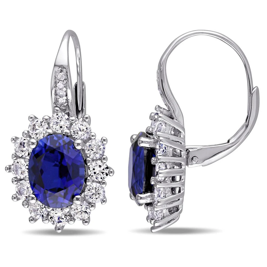 商品Mimi & Max|8.06 CT TGW Created Blue and White Sapphire and Halo Diamond Leverback Earrings in Sterling Silver,价格¥476,第1张图片