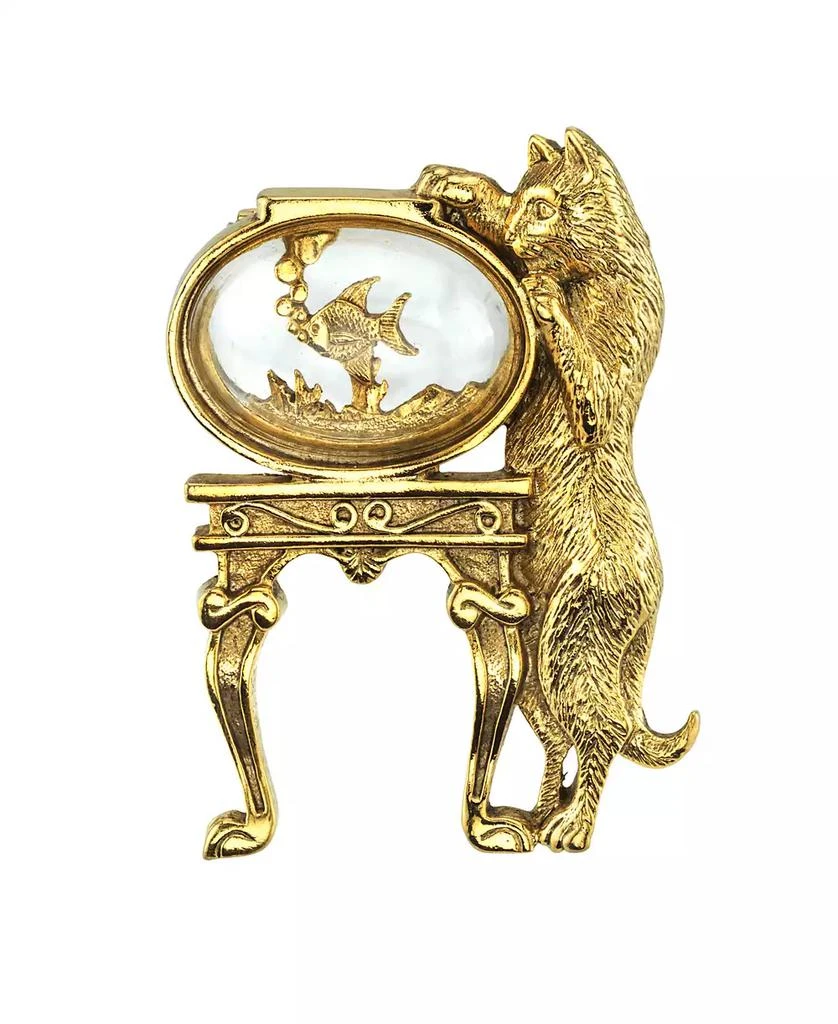商品2028|14K Gold-Dipped Crystal Cat and Fish Bowl Pin,价格¥410,第1张图片