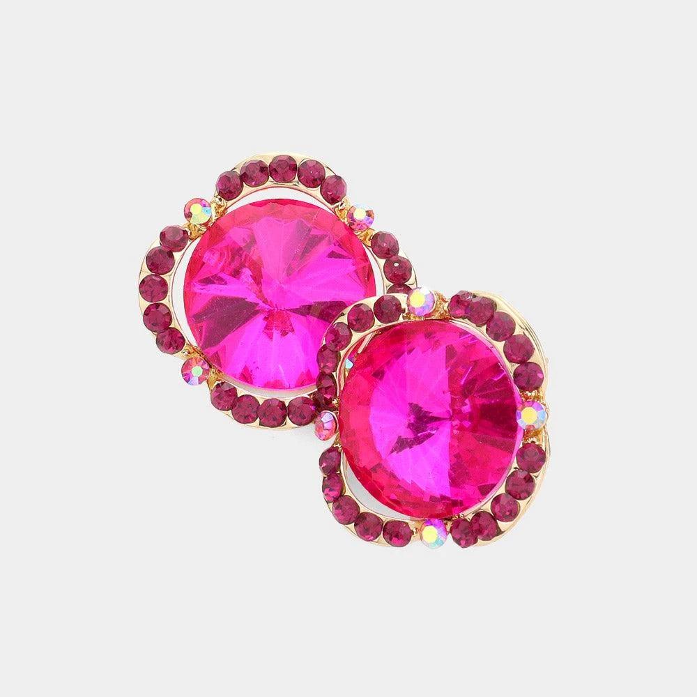 商品FASHNZFAB|Round Crystal Stone Accented Evening Earrings - Fuchsia,价格¥172,第1张图片详细描述