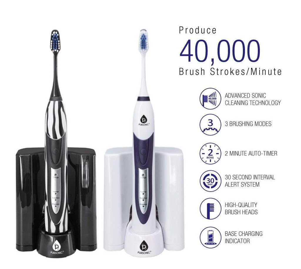 商品PURSONIC|PURSONIC S520 Black Ultra High Powered Sonic Electric Toothbrush with Dock Charger, 12 Brush Heads & More! (Value Pack),价格¥340,第3张图片详细描述