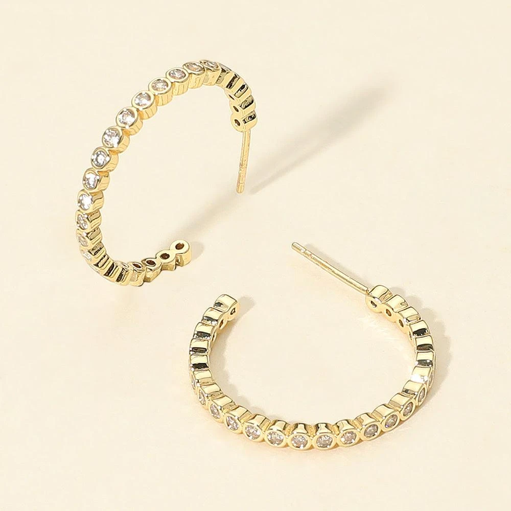 商品FASHNZFAB|14K Gold Dipped CZ Stone Bezel Around Hoop Earrings - Gold,价格¥201,第1张图片