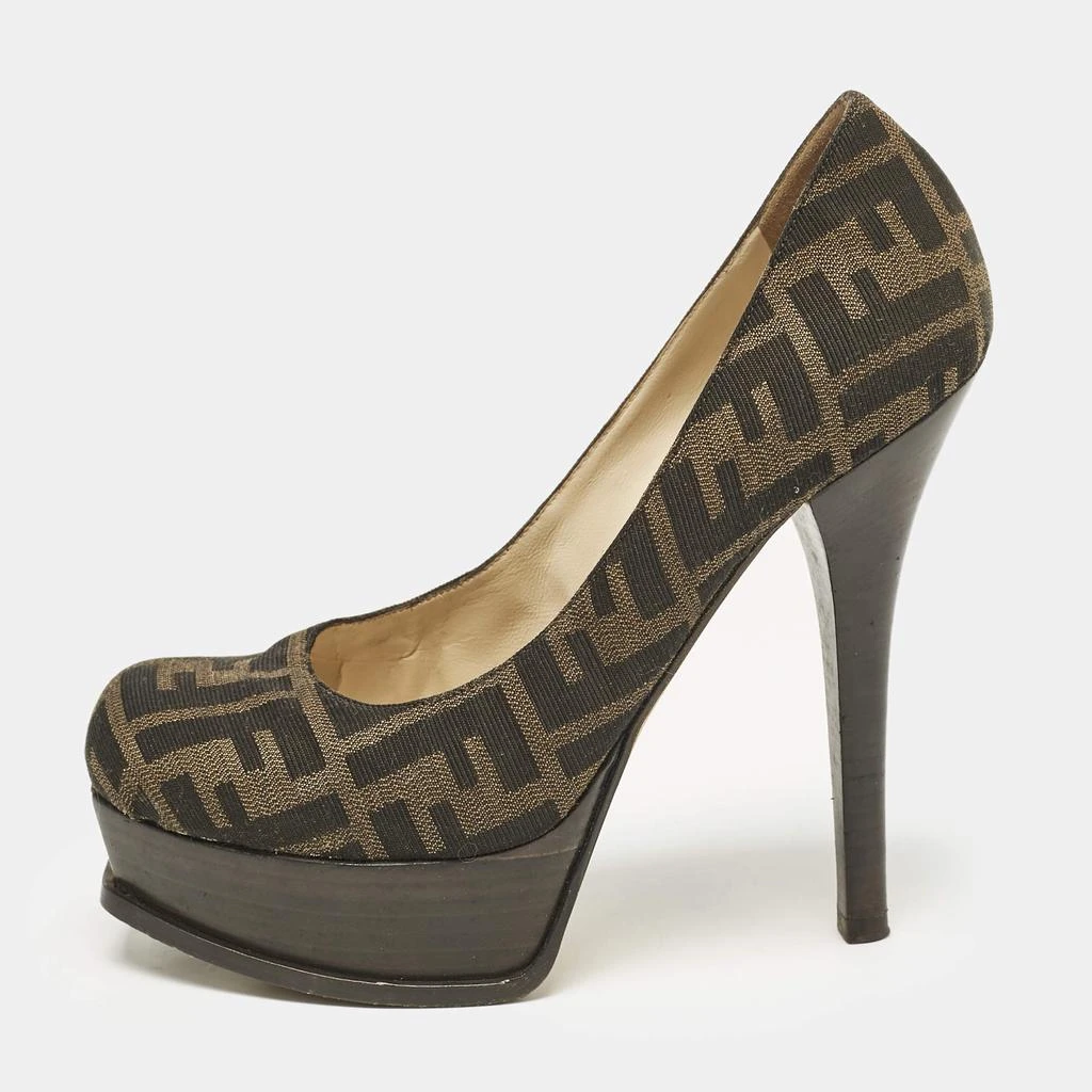 商品[二手商品] Fendi|Fendi Brown Zucca Canvas Fendista Platform Pumps Size 39,价格¥1526,第1张图片