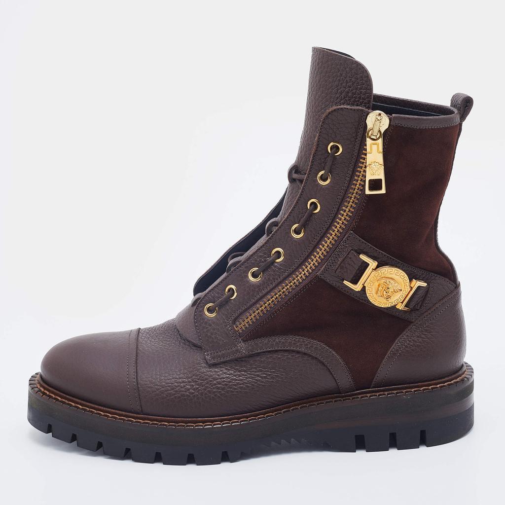 商品[二手商品] Versace|Versace Brown Leather And Suede Medusa Combat Boots Size 43,价格¥4085,第1张图片