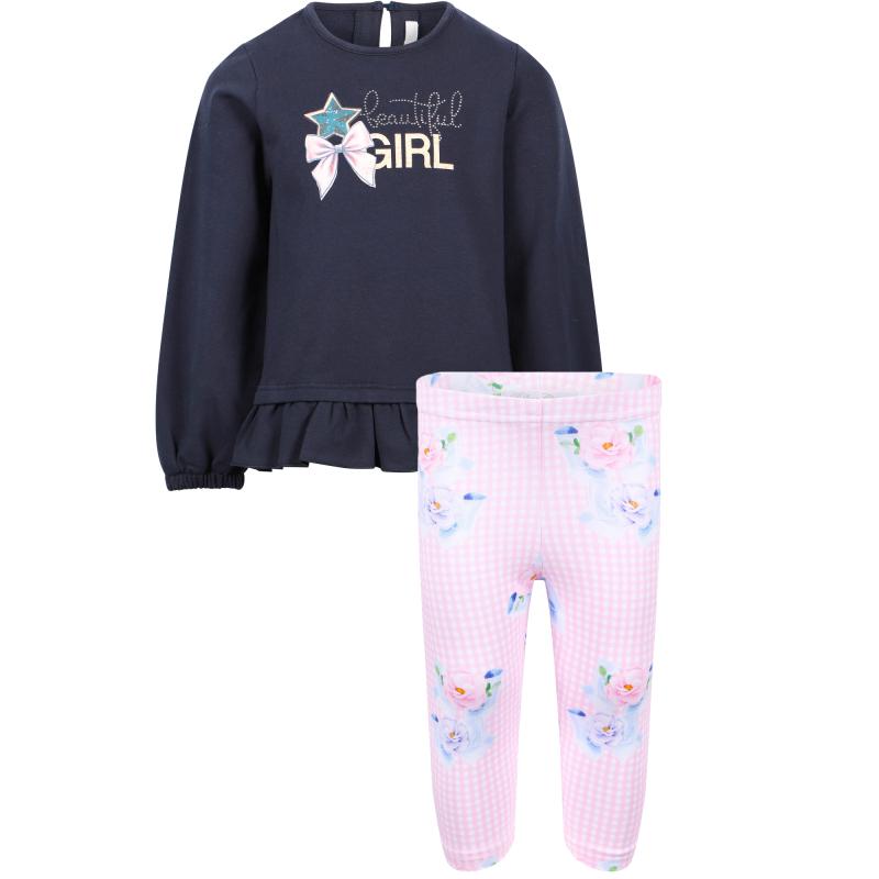 Beautiful girl ruffled long armed shirt and roses checkered leggings set in navy and pink商品第1张图片规格展示