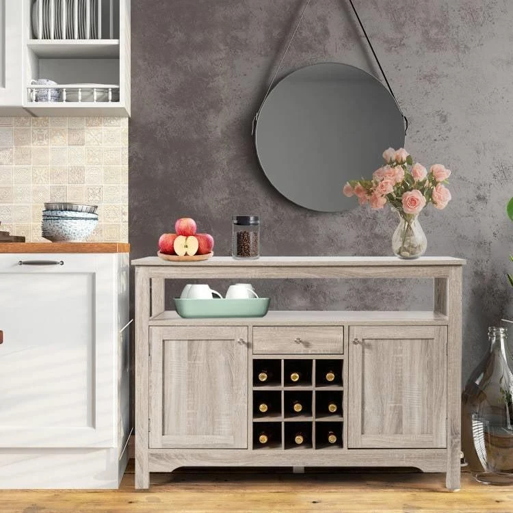 商品QuikFurn|Grey Wood Sideboard Buffet Server Cabinet with Wine Rack and Storage Shelf,价格¥2219,第2张图片详细描述