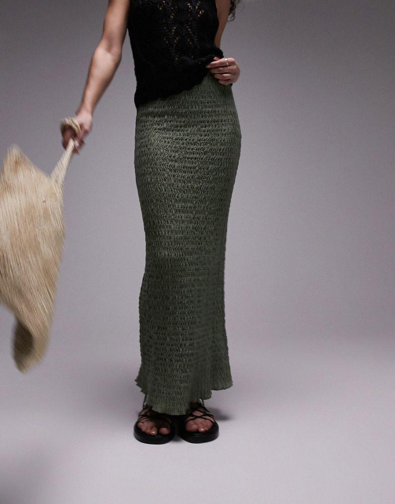 Topshop textured midi skirt in khaki商品第1张图片规格展示