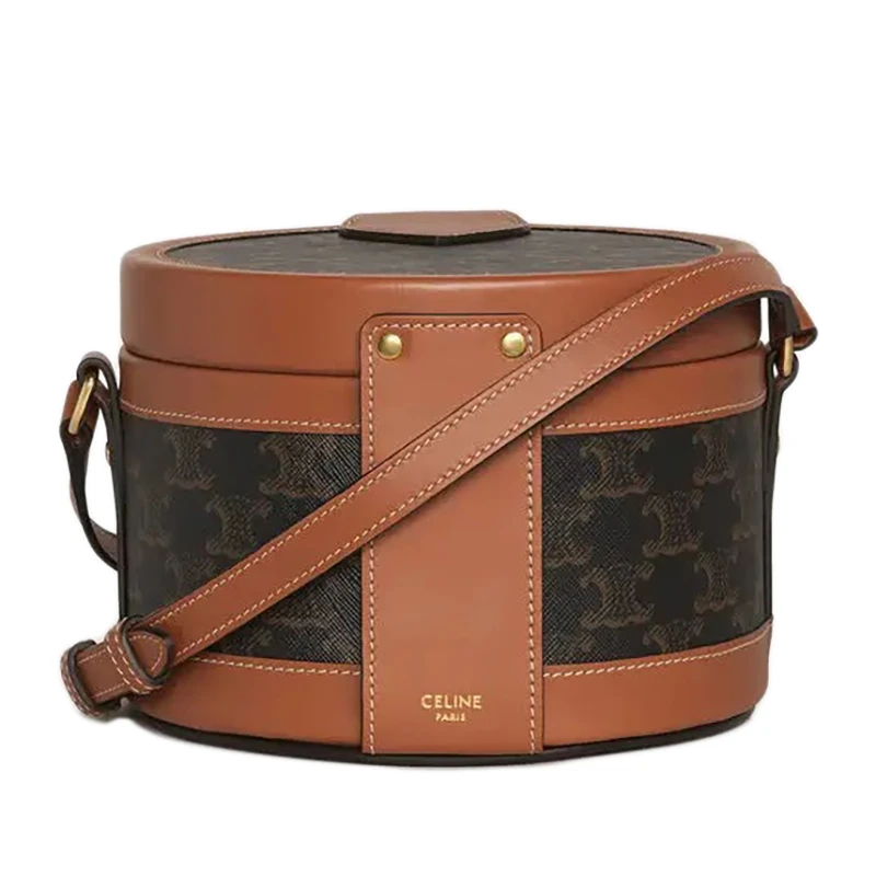 CELINE/赛琳   TAMBOUR系列 女士中号凯旋门帆布棕色小牛皮桶包单肩包 商品