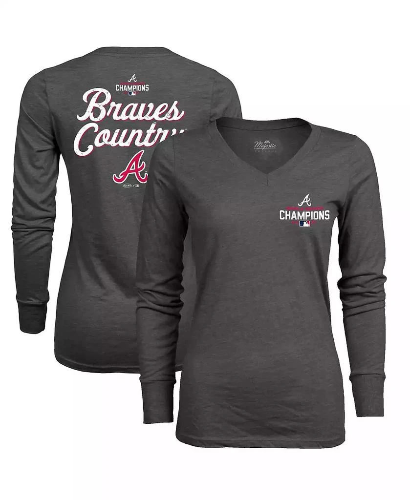 商品Majestic|Women's Threads Charcoal Atlanta Braves 2021 World Series Champions Hometown Long Sleeve V-Neck T-shirt,价格¥338,第2张图片详细描述