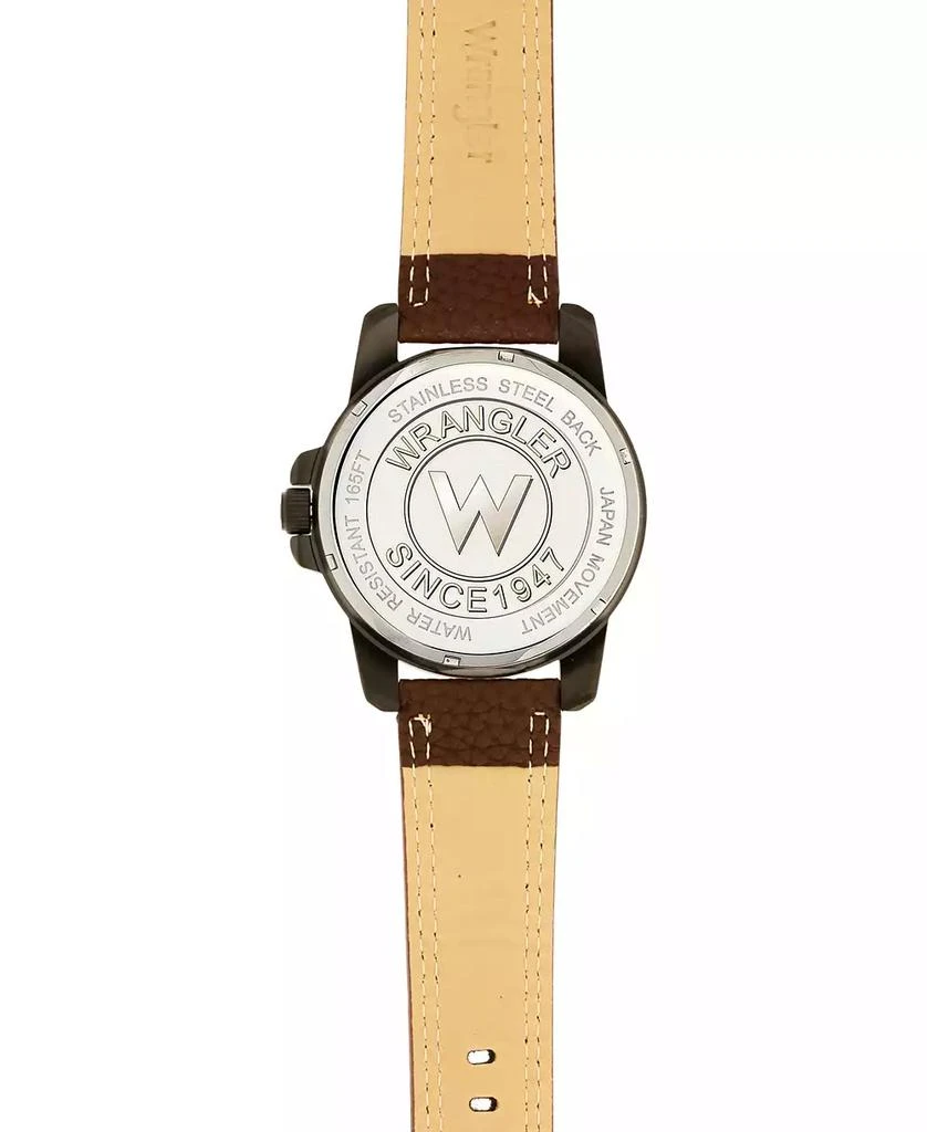 商品Wrangler|Men's Watch, 46MM IP Black Sandblasted Case and Bezel, Black Dial, White and Beige Index Markers, Dual Crescent Cutouts For Date Function, Analog Watch with Beige Second Hand, Brown Strap,价格¥463,第4张图片详细描述