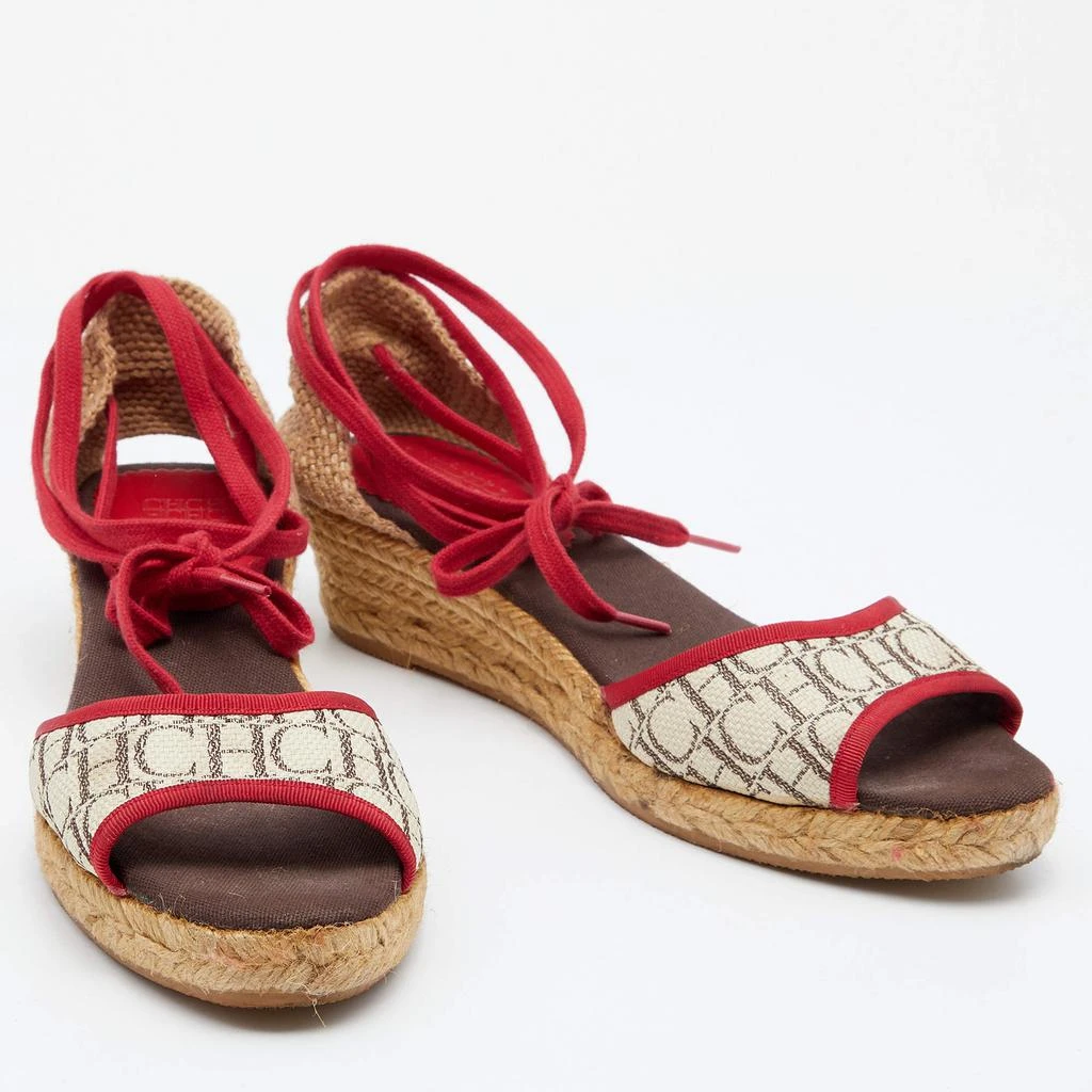 商品[二手商品] Carolina Herrera|CH Carolina Herrera Multicolor Monogram Canvas And Jute Espadrille Ankle Wrap Sandals Size 39,价格¥807,第4张图片详细描述