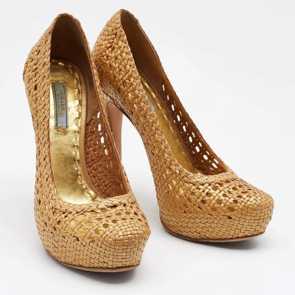 商品[二手商品] Prada|Prada Metallic Gold Woven Leather Madras Platform Pumps Size 36,价格¥877,第4张图片详细描述