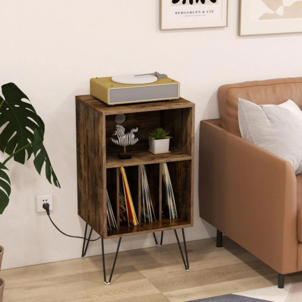 商品Hivvago|Record Player Stand with Charging Station for Living Room Bedroom-Rustic Brown,价格¥777,第1张图片