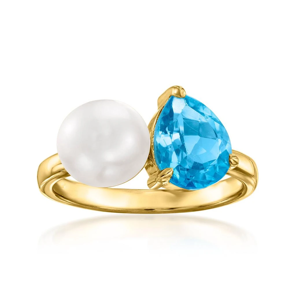 商品Ross-Simons|7.5-8mm Cultured Pearl and Swiss Blue Topaz Toi Et Moi Ring in 18kt Gold Over Sterling,价格¥829,第1张图片