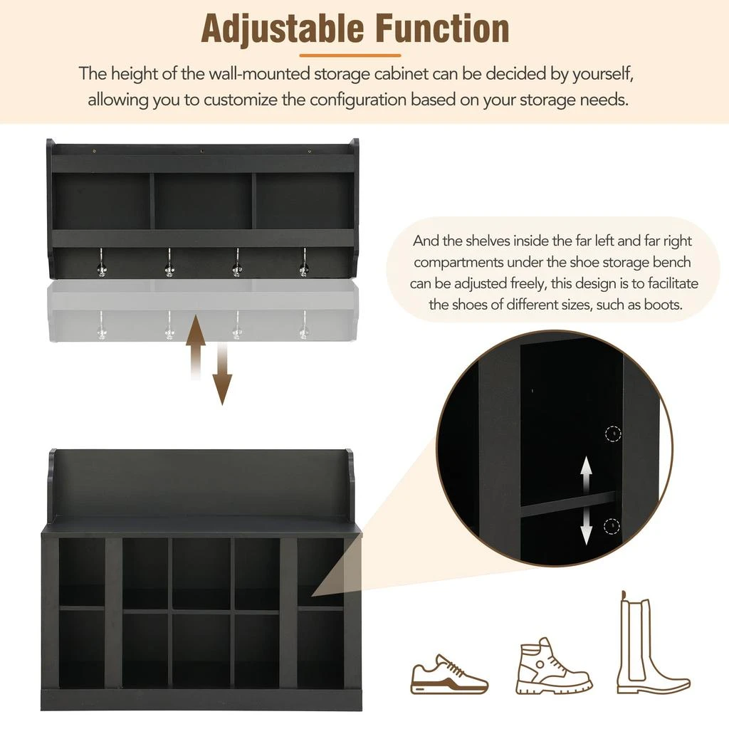 商品Streamdale Furniture|Streamdale Shoe Storage Bench with Coat Rack & Hooks,价格¥2850,第5张图片详细描述