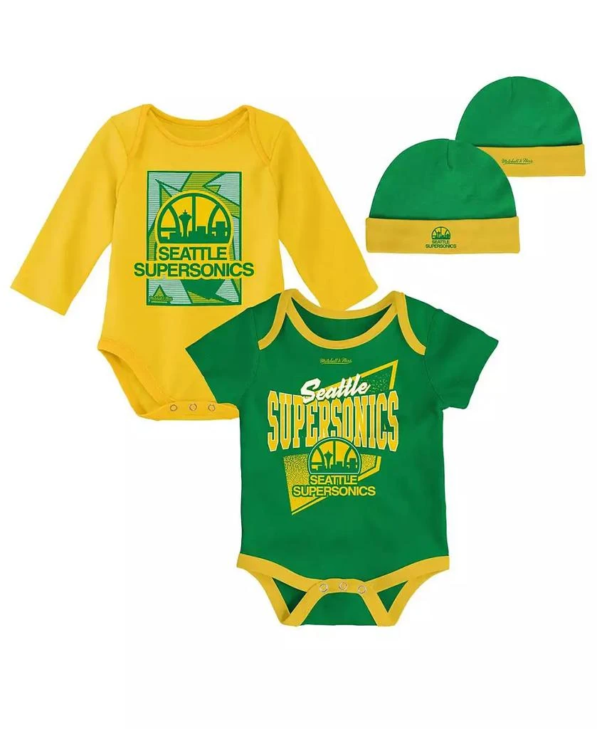 商品Mitchell & Ness|Infant Boys and Girls Green, Gold Seattle SuperSonics Hardwood Classics Bodysuits and Cuffed Knit Hat Set,价格¥306,第1张图片