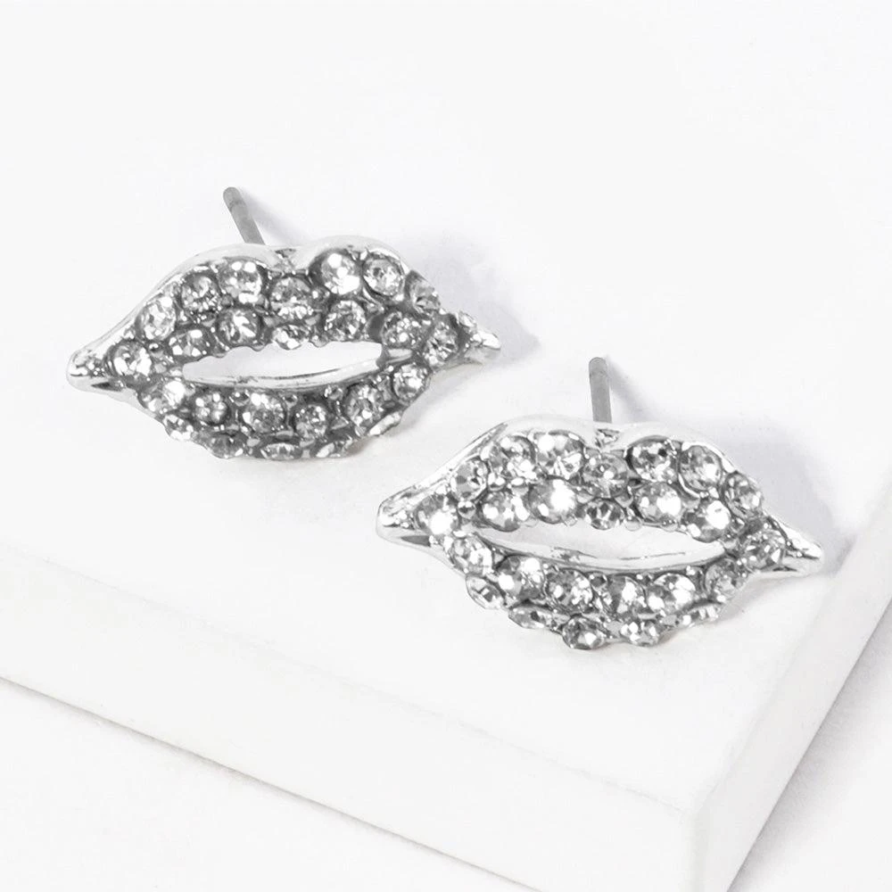 商品FASHNZFAB|Crystal Rhinestone Paved Lips Stud Earrings - Clear, Rhodium,价格¥184,第1张图片详细描述