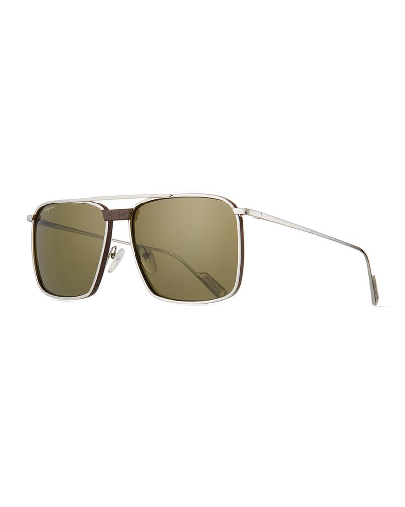 Men's Metal/Leather Square Aviator Sunglasses商品第1张图片规格展示