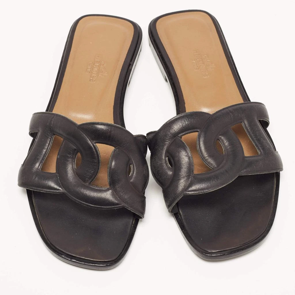 商品[二手商品] Hermes|Hermes Black Leather Aloha Flat Slides Size 36,价格¥3259,第3张图片详细描述