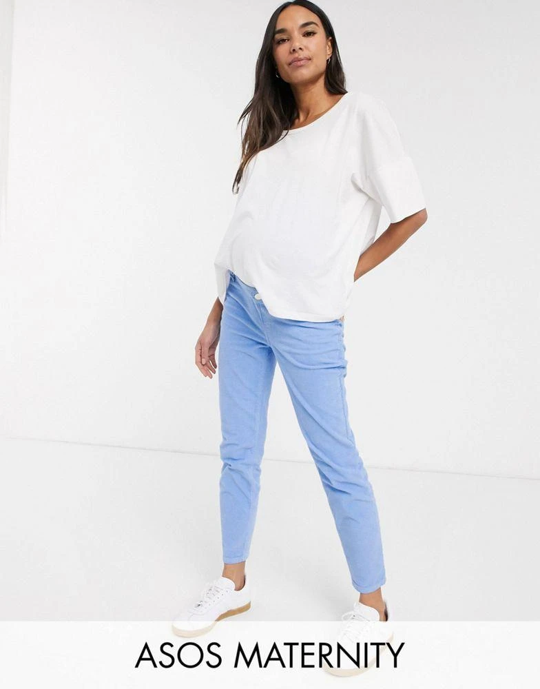 商品ASOS|ASOS DESIGN Maternity high rise farleigh 'slim' mom jeans slim mom in cornflower blue cord,价格¥91,第1张图片